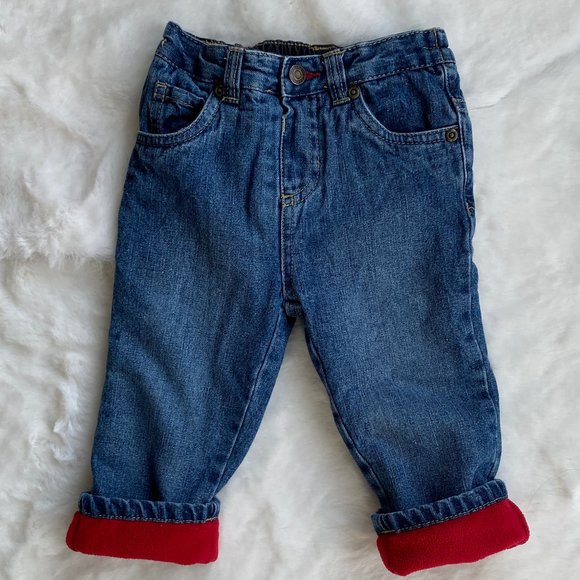 George Red Fleece Lining Pull-on Blue Denim Jeans Size 6-12 Months - Picture 7 of 7